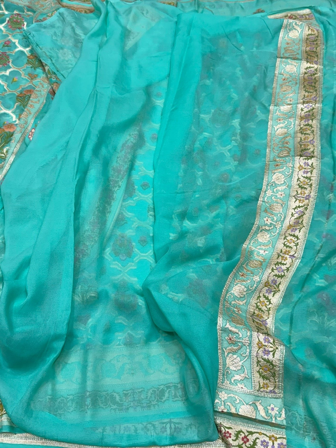 Sea Green Pure Banarasi Chiffon Georgette Saree
