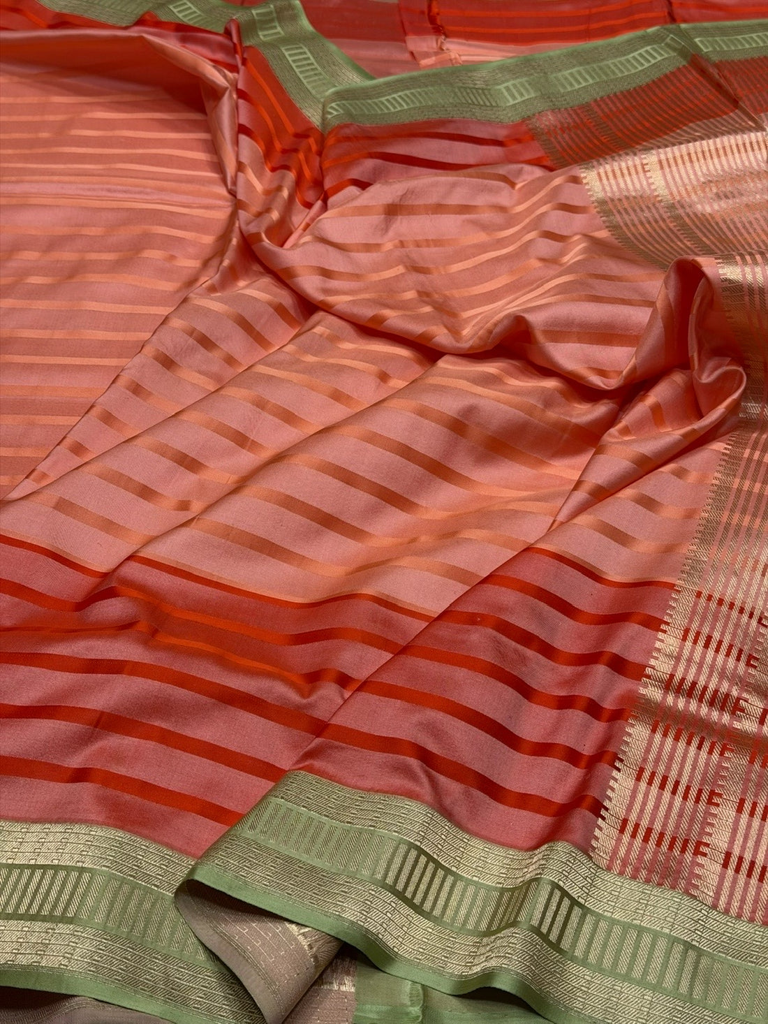 Peach Handwoven Pure Banarasi Satin Tanchoi Silk Saree – Kadwa Weave | Authentic Banaras Handloom