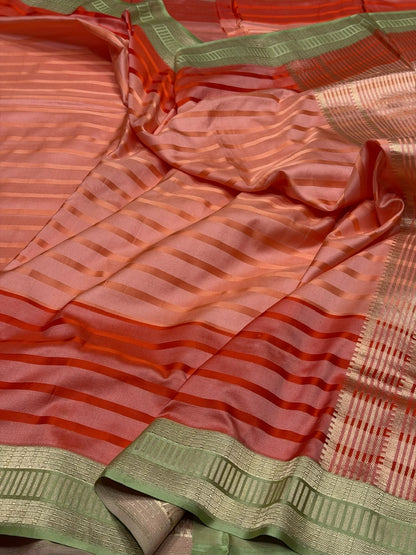 Peach Handwoven Pure Banarasi Satin Tanchoi Silk Saree – Kadwa Weave | Authentic Banaras Handloom