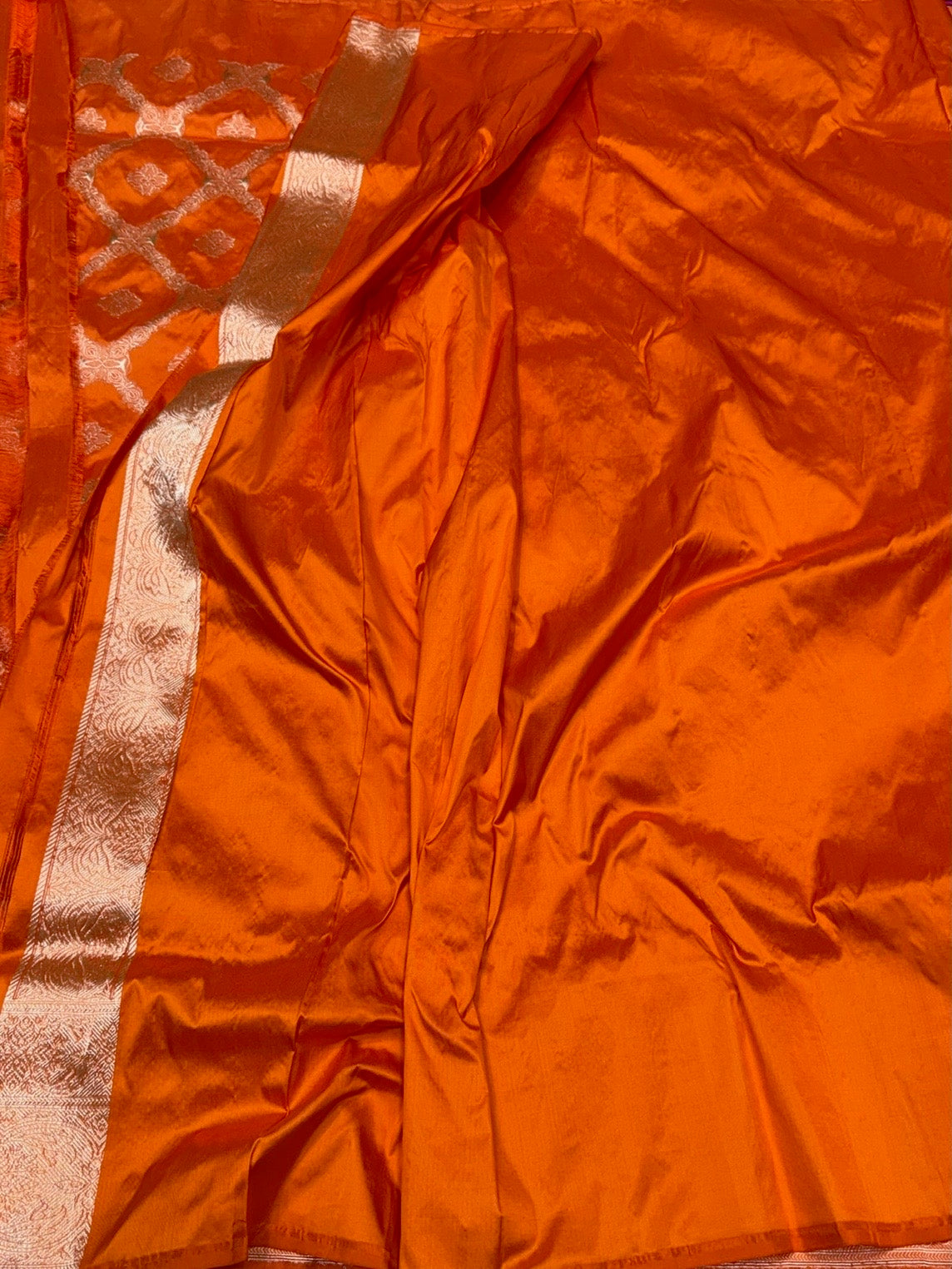 Orange Handwoven Pure Banarasi Silk Saree in Kadwa Jaal – Authentic Katan Mulberry Silk