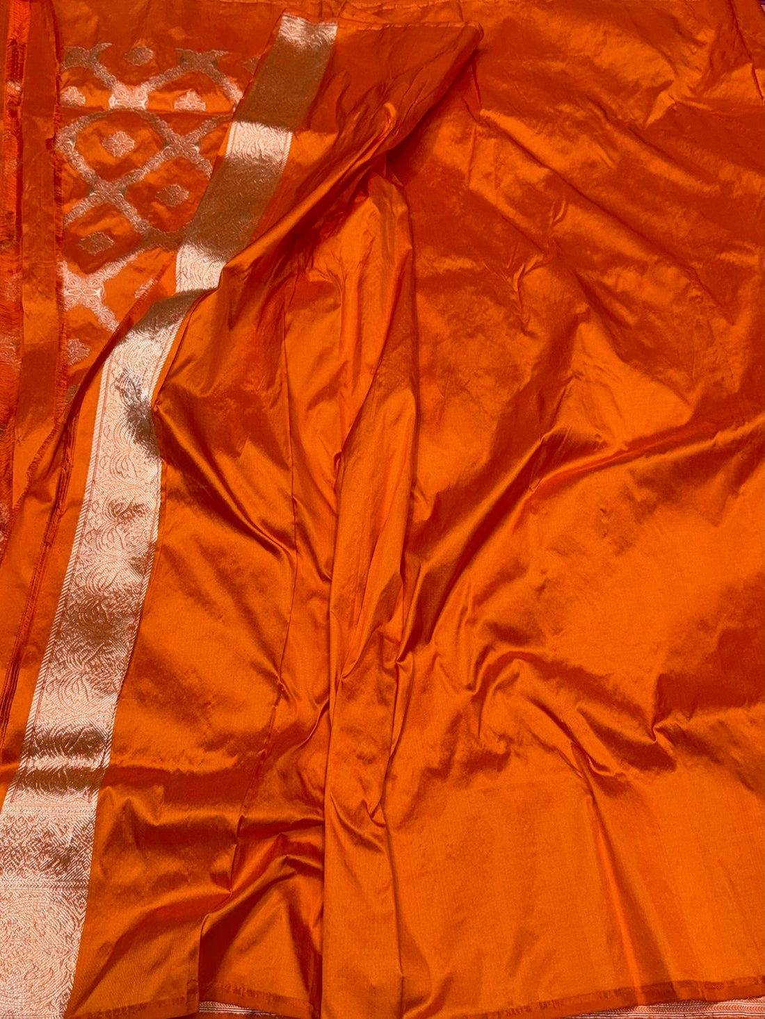 Orange Handwoven Pure Banarasi Silk Saree in Kadwa Jaal – Authentic Katan Mulberry Silk
