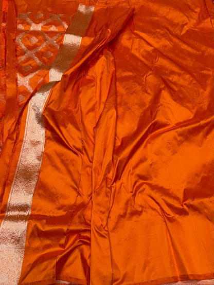 Orange Handwoven Pure Banarasi Silk Saree in Kadwa Jaal – Authentic Katan Mulberry Silk