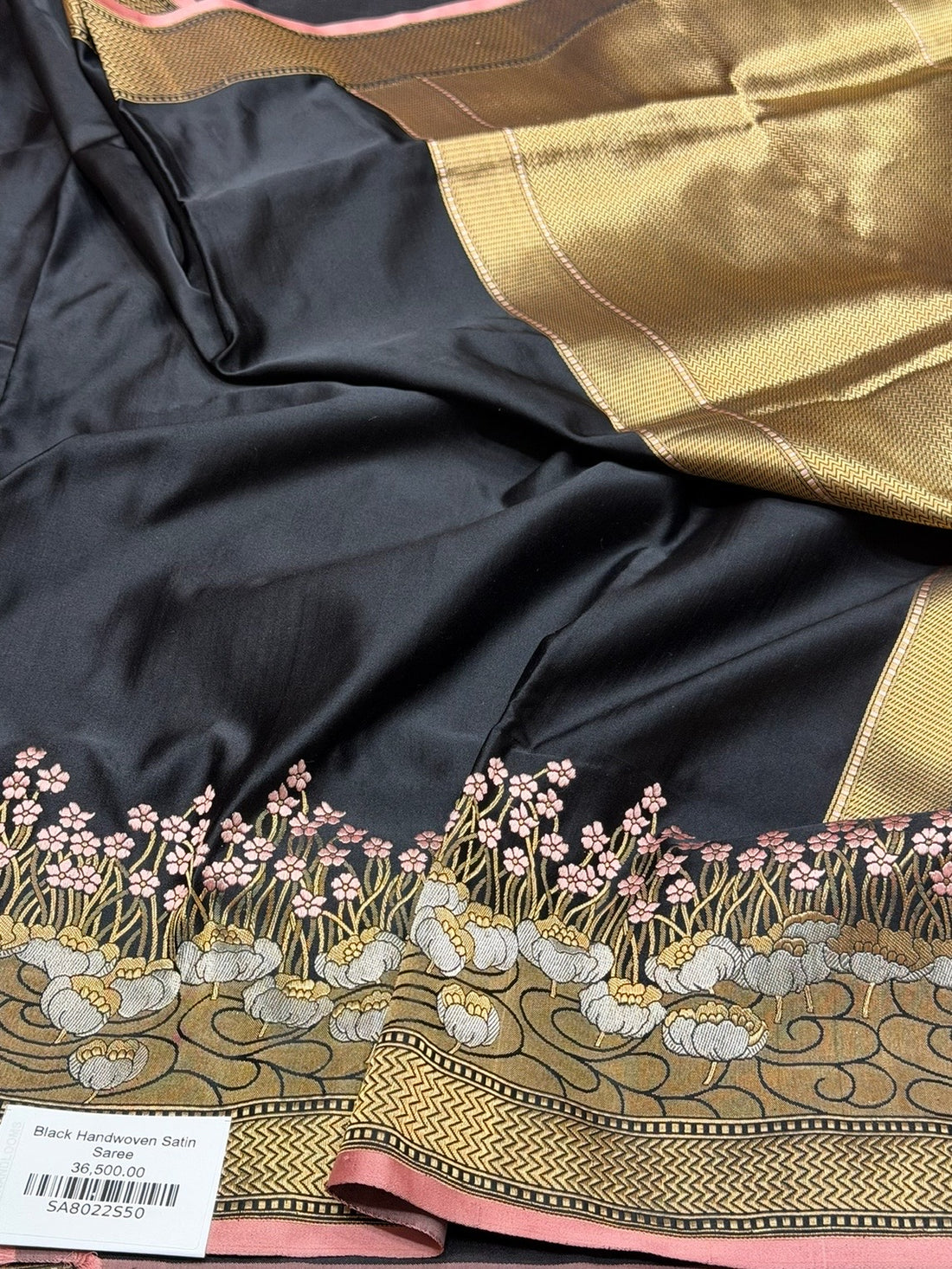 Black Handwoven Pure Banarasi Satin Silk Saree