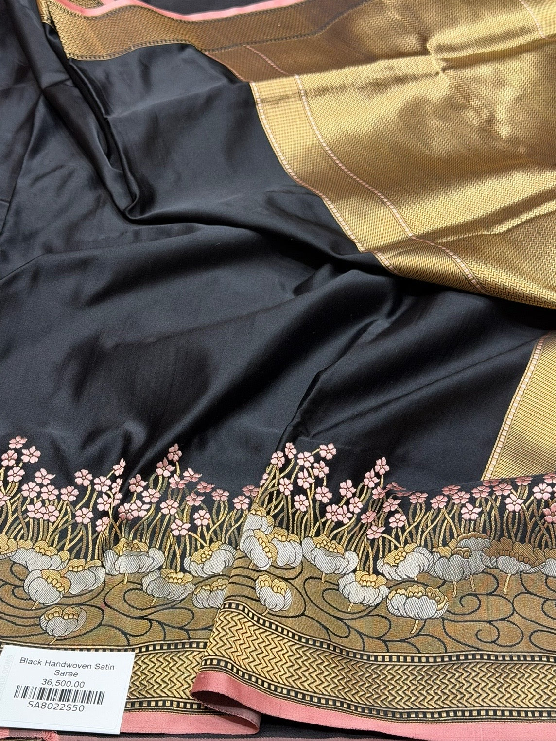 Black Handwoven Pure Banarasi Satin Silk Saree