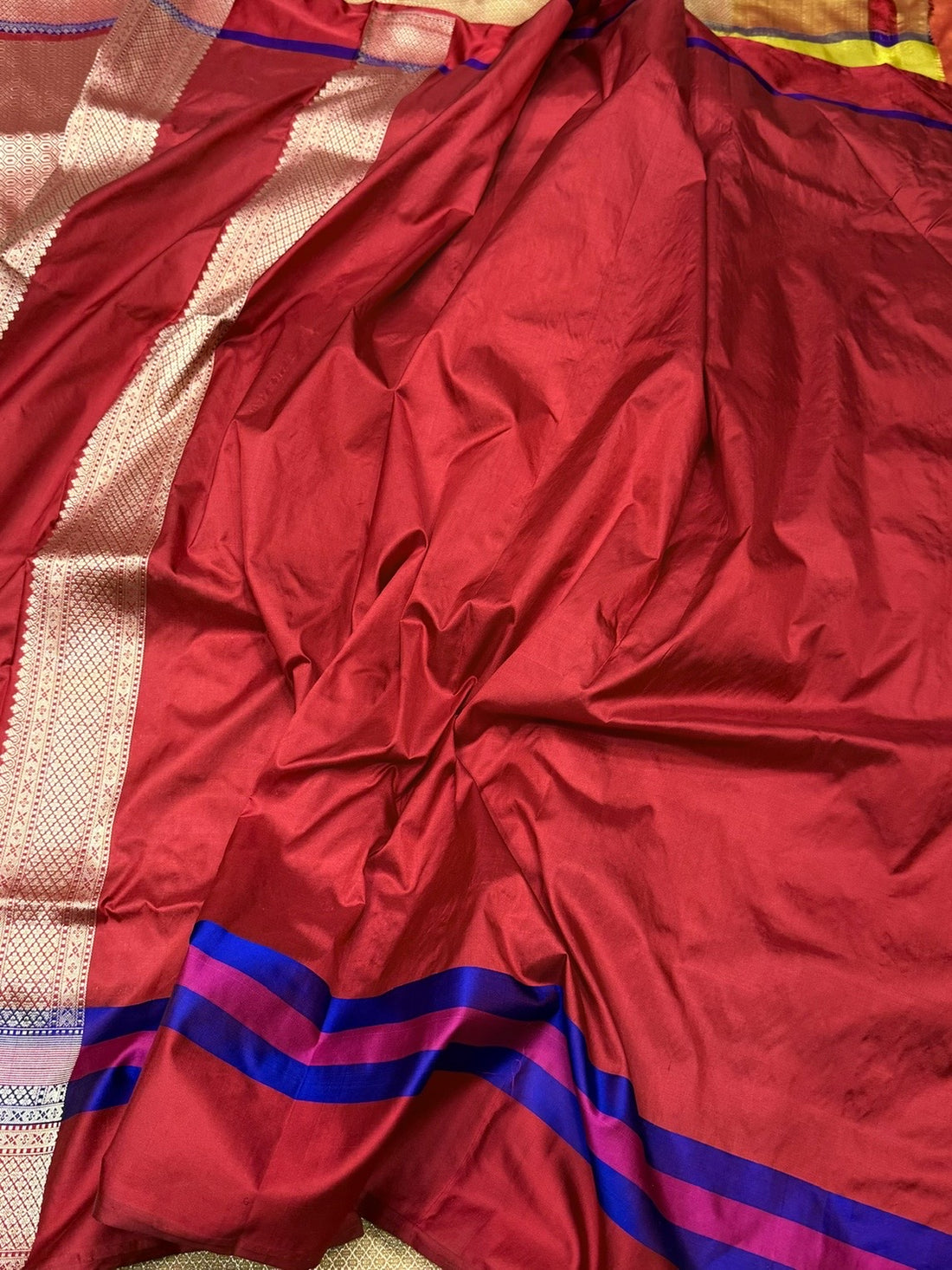 Yellow Handwoven Banarasi Pure Silk Brocade Saree with Red Satin Border – Luxurious Katan Silk