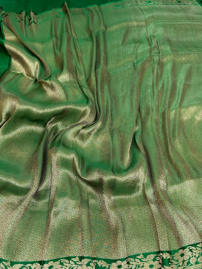 Green Handwoven Pure Banarasi Mashru Satin Silk Saree