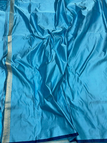 Sky Blue Handwoven Pure Banarasi Satin Tanchoi Silk Saree – Kadwa Weave | Authentic Banaras Handloom