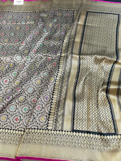 Black Handwoven Pure Banarasi Katan Silk Brocade Saree