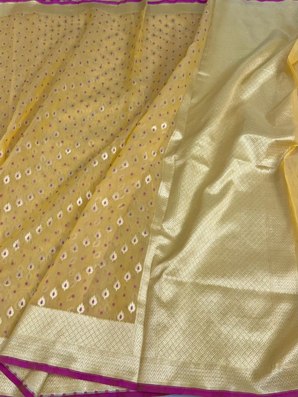 Yellow Pure Banarasi Kora Cotton Saree