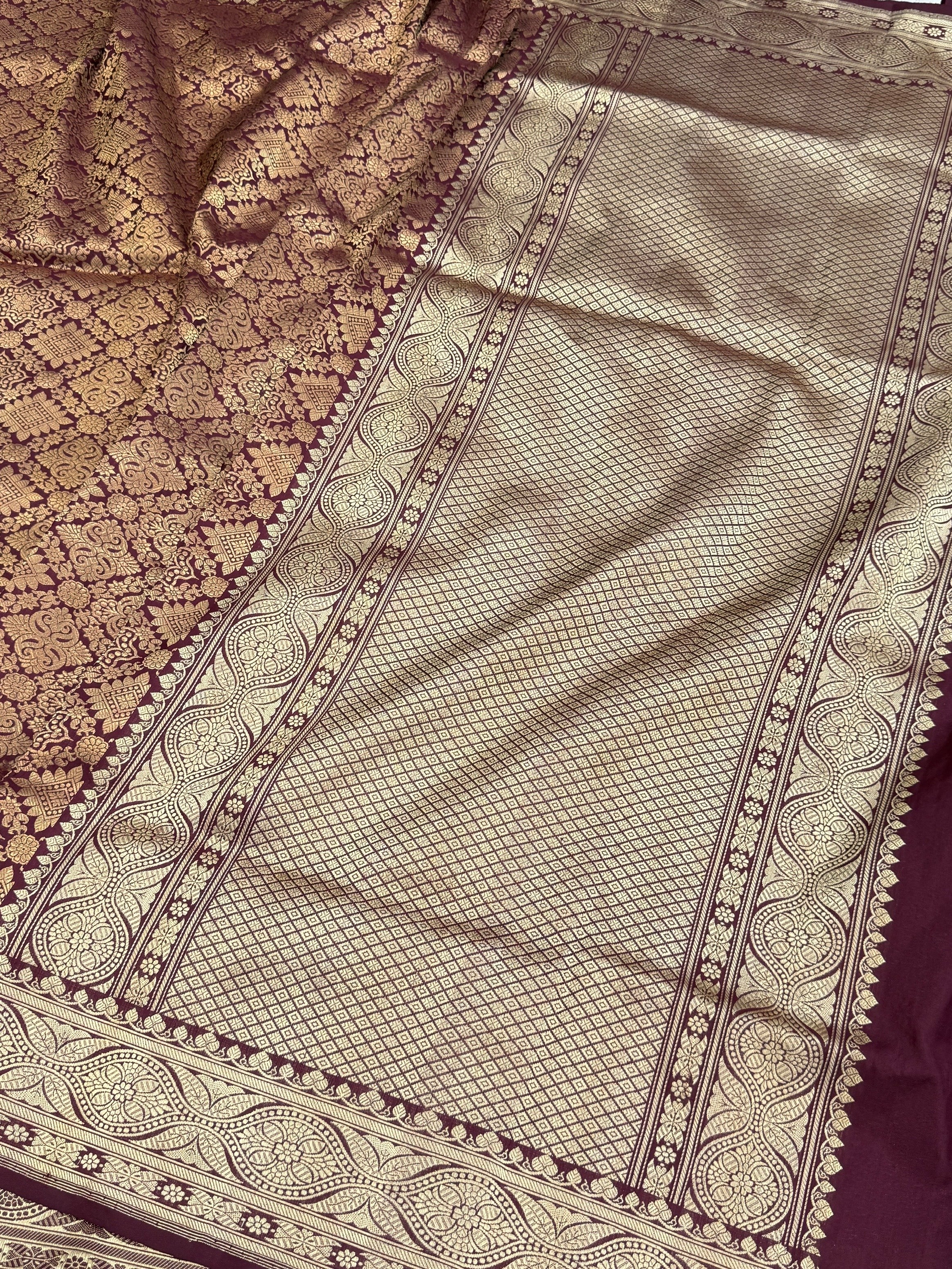 Wine Pure Banarasi Silk Brocade Saree in Katan Mulberry Silk – Timeless Banaras Elegance