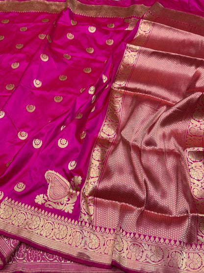 Rani Pink Handwoven Chand Tara Koniya Pure Banarasi Silk Saree – Kadwa Weave | Bridal Katan Silk | 100% Pure Mulberry Silk