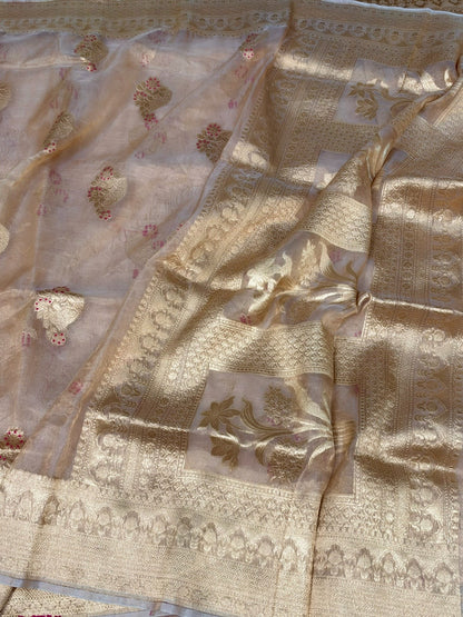Champagne Gold Pure Banarasi Tissue Silk Saree Pure Kora Tissue