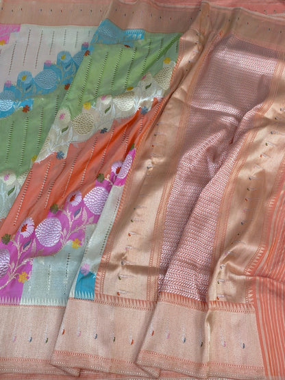 Peach Handwoven Pure Banarasi Rangkaat Silk Saree