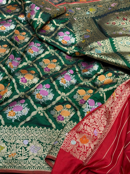 Bottle Green Handwoven Pure Banarasi Silk Saree – Luxury Kadwa Handloom Wedding &amp; Festive Saree