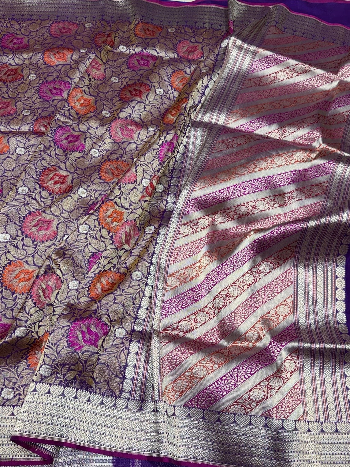 Purple Handwoven Pure Banarasi Satin Silk Brocade Saree – Luxury Brocade Work