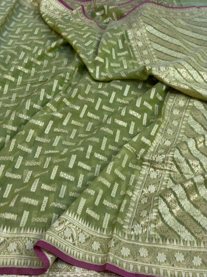 Green Pure Banarasi Kora Cotton Saree