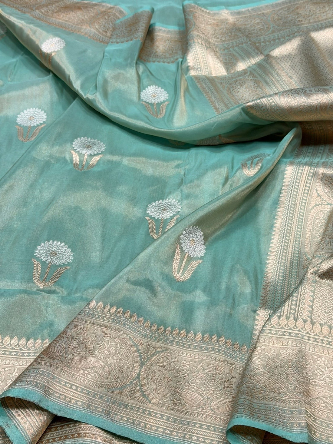 Sea Blue Handwoven Pure Banarasi Tissue Silk Saree – Kadwa Weave | Lightweight Katan-Tissue Silk | Modern Skirt Design