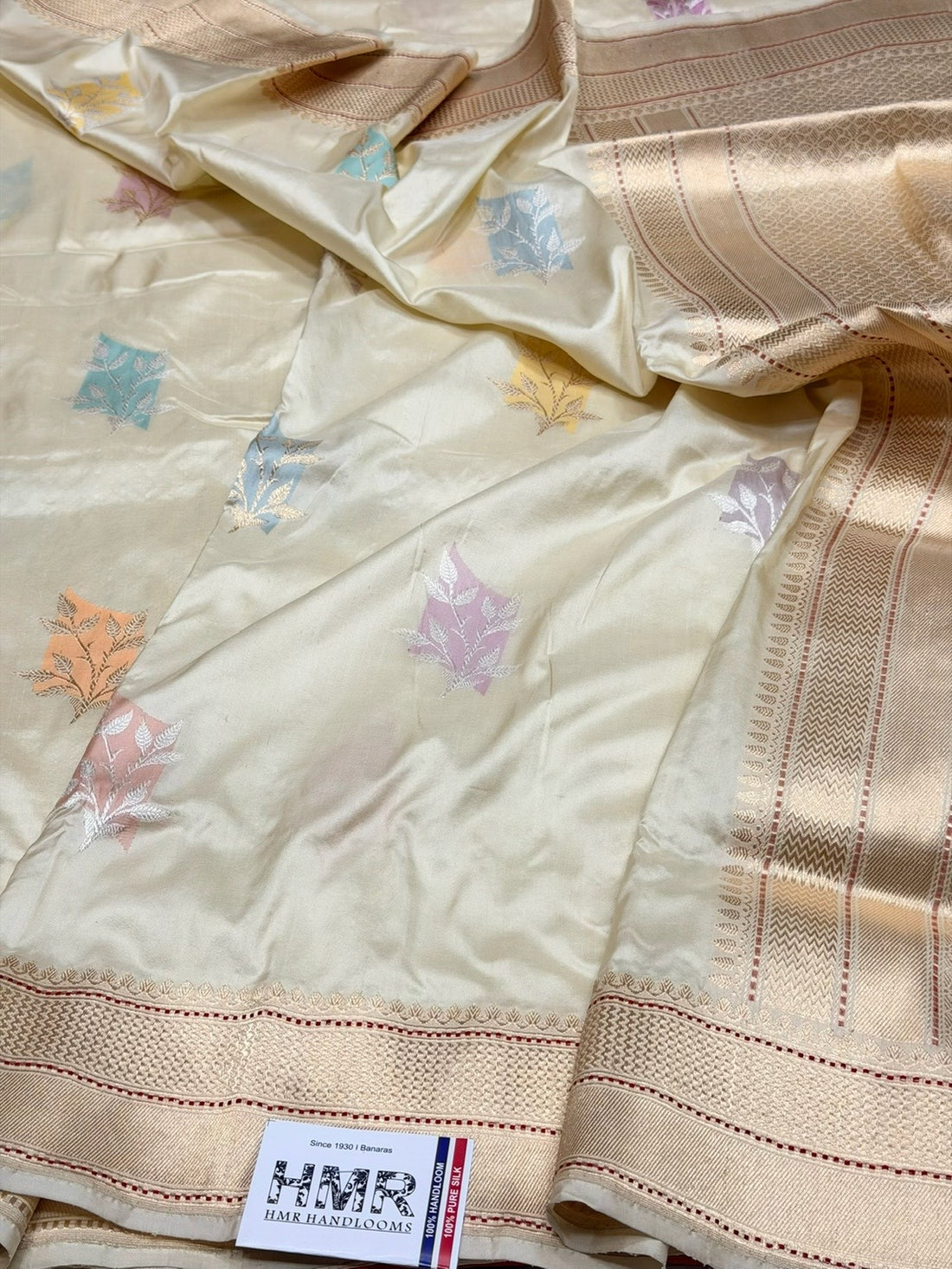 Ivory Handwoven Pure Banarasi Silk Saree in Kadwa Weave | Authentic Katan Mulberry Silk