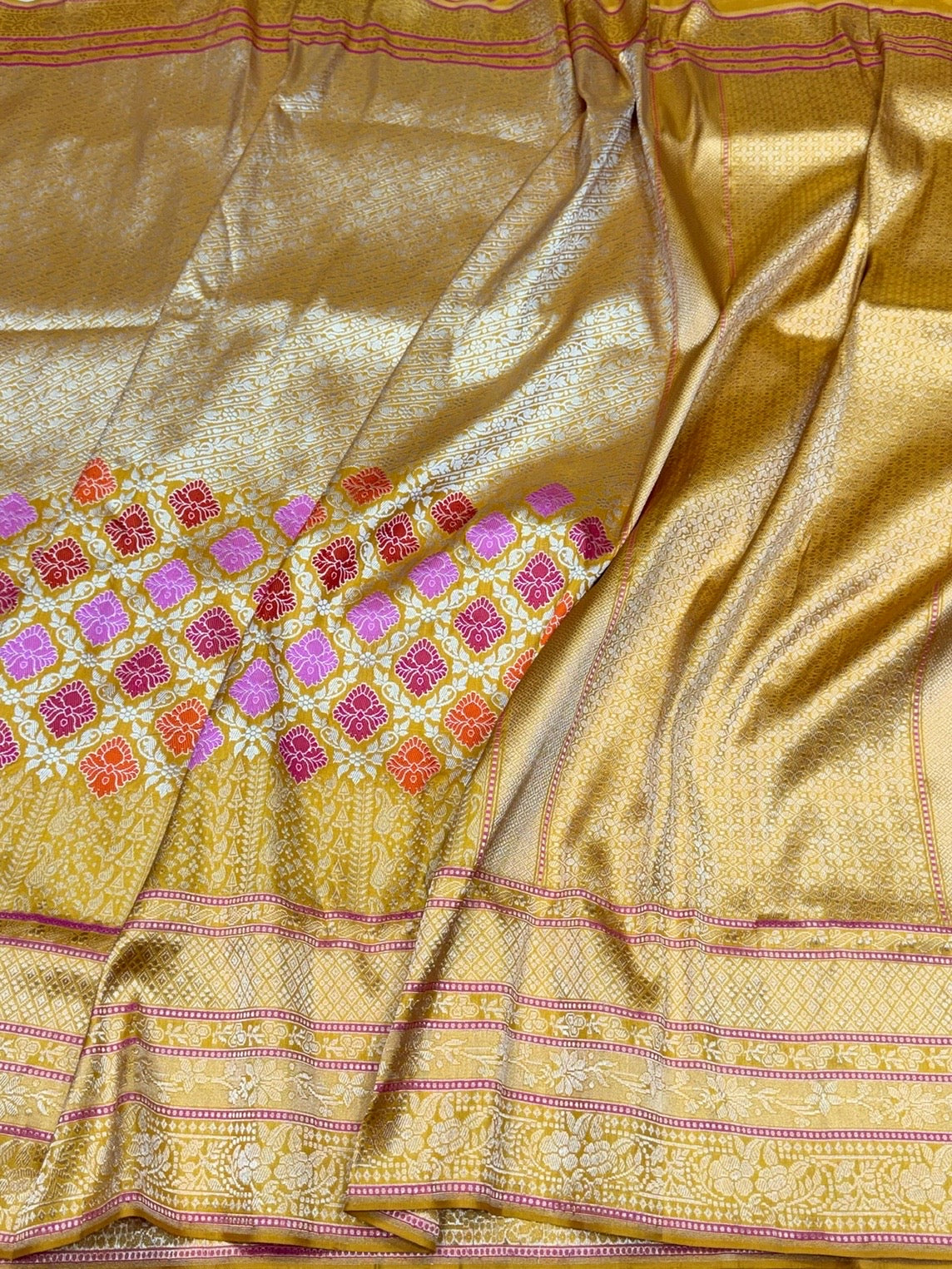 Yellow Handwoven Pure Banarasi Silk Saree in Kadwa Weave | Authentic Katan Mulberry Silk