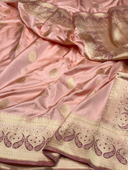 Peach Handwoven Pure Banarasi Ektara Silk Saree – Luxury Kadwa Weave
