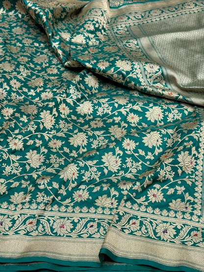 Teal Green Handwoven Pure Banarasi Katan Silk Saree – Authentic Kadwa Weave