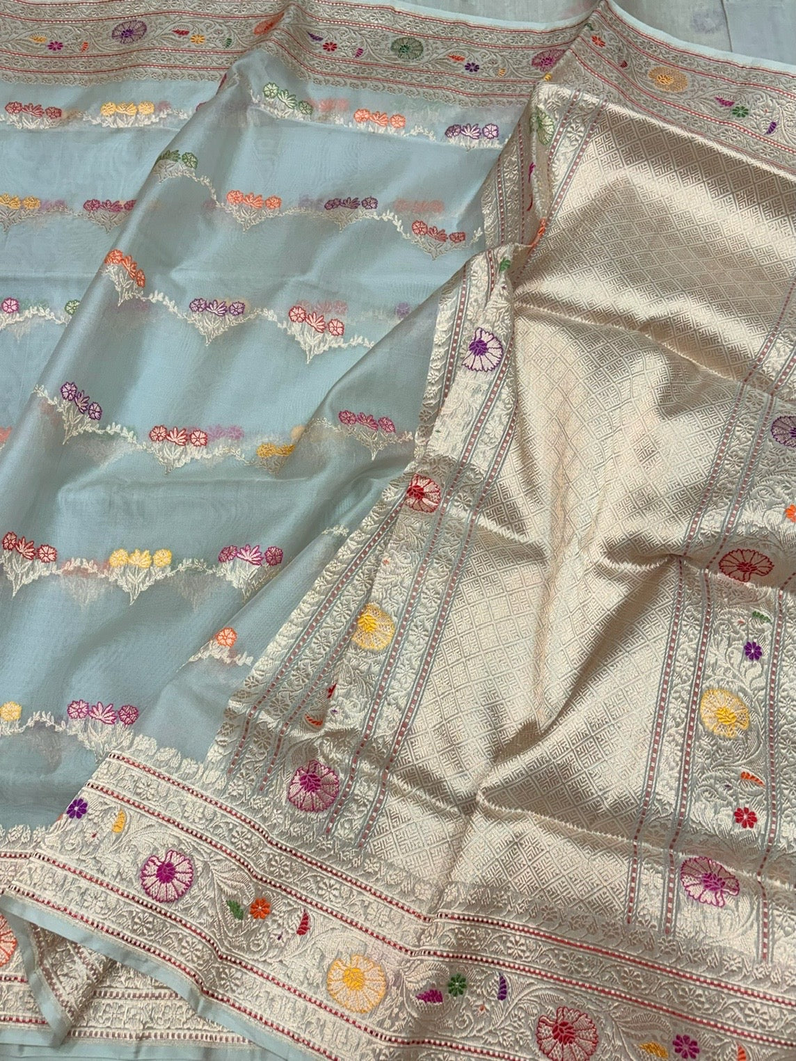 Powder Blue Handwoven Pure Organza Silk Saree