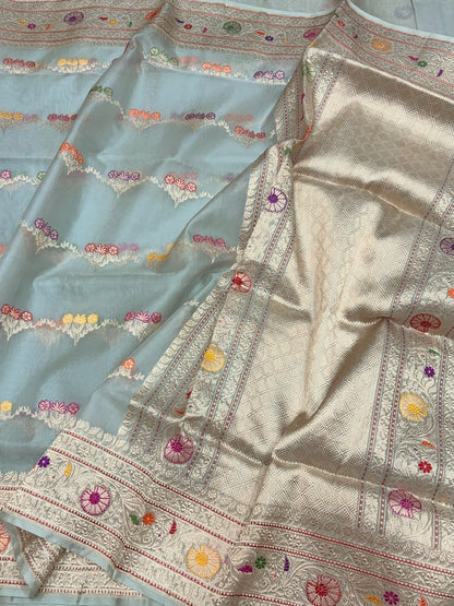 Powder Blue Handwoven Pure Organza Silk Saree