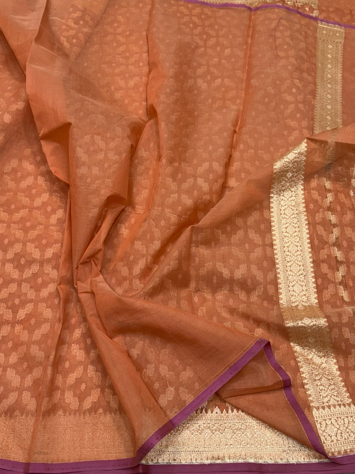 Rust Banarasi Pure Kora Cotton Saree