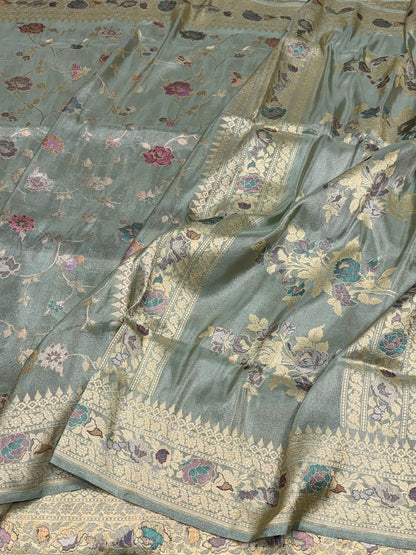 Pastel Mint Green Handwoven Pure Banarasi Ektara Tissue Saree