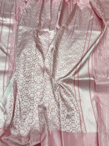 Blush Pink Handwoven Pure Banarasi Ektara Silk Saree in Kadwa Weave – 100% Pure Mulberry Silk