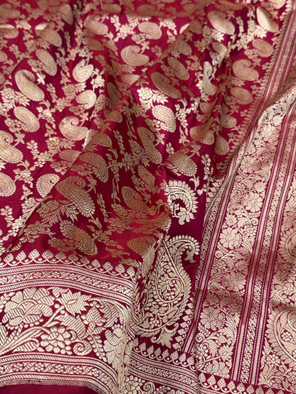 Reddish Pink Handwoven Pure Banarasi Silk Saree | Pure Katan Silk | Kadwa Weave | HMR Handlooms