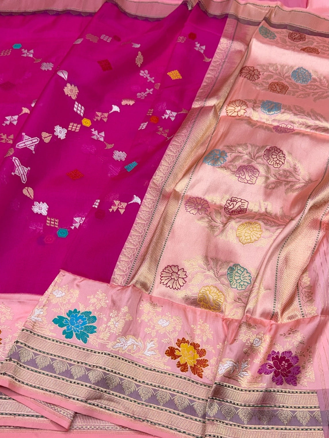 Rani Pink Handwoven Pure Organza Banarasi Silk Saree – Kadwa Weave | Pure Kora–Mulberry Silk Saree