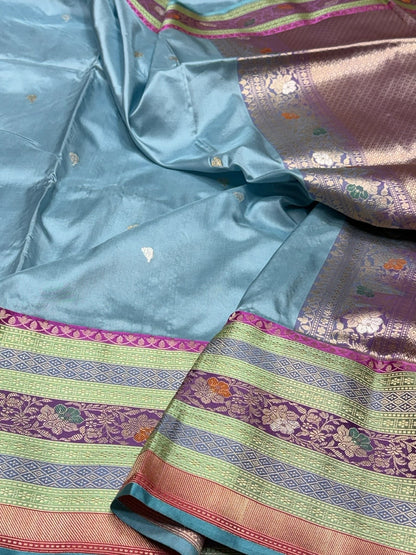 Powder Blue Handwoven Pure Banarasi Silk Saree