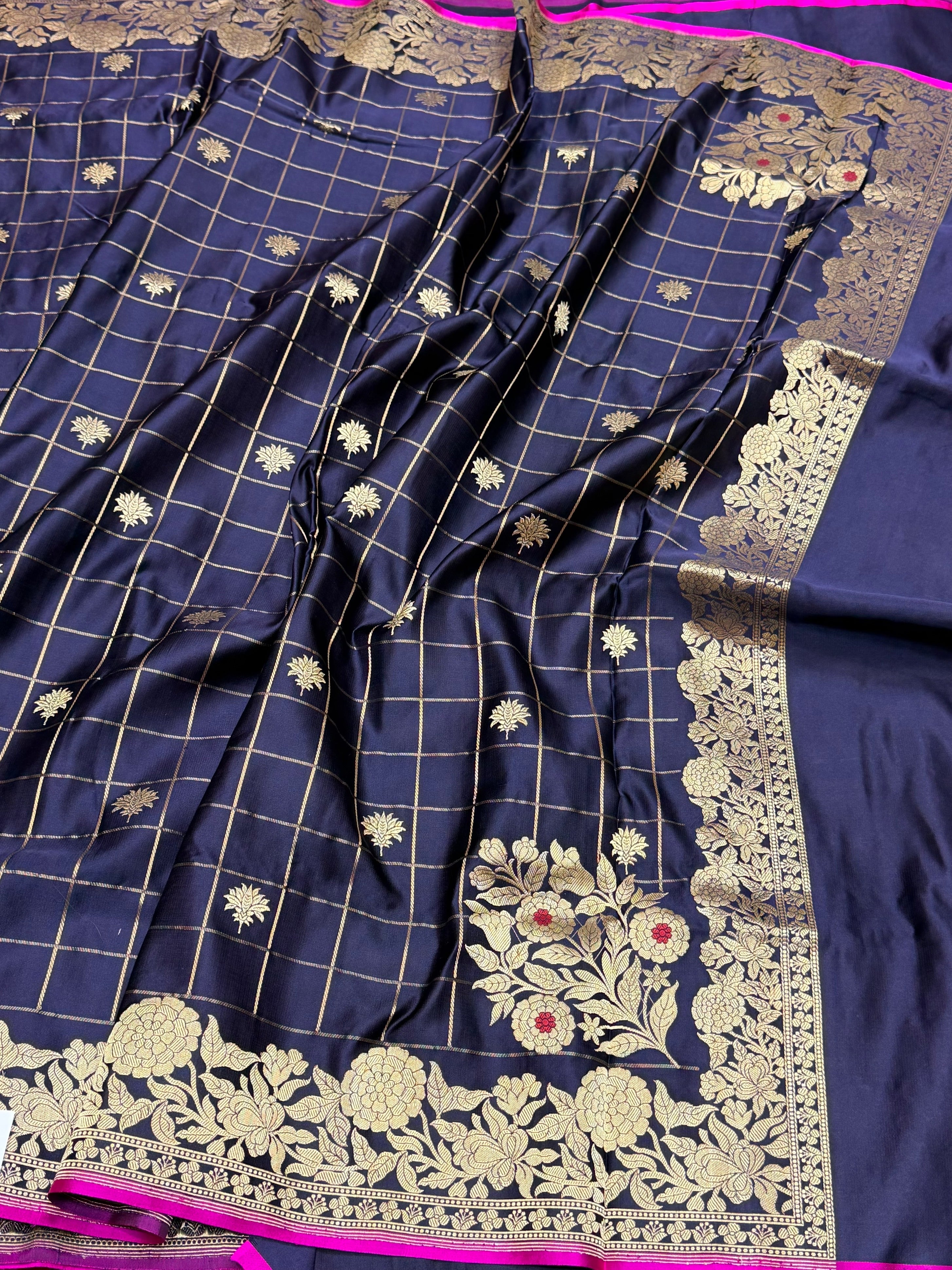 Purple Handwoven Pure Banarasi Mashru Satin Silk Saree – Kadwa Weave | Pure Satin Silk | Luxury Check Pattern