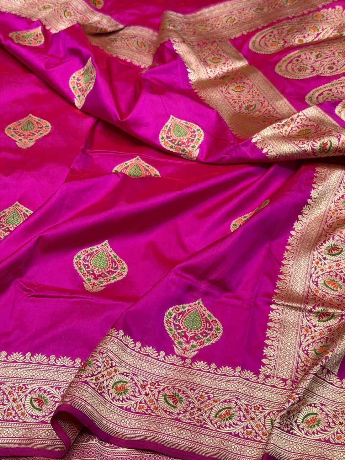 Rani Pink Handwoven Pure Banarasi Silk Saree – Kadwa Weave in 100% Katan Mulberry Silk