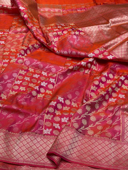 Orangish Pink Handwoven Pure Banarasi Silk Saree – Katan Silk | Kadwa Weave | Elegant Traditional Banarasi Saree
