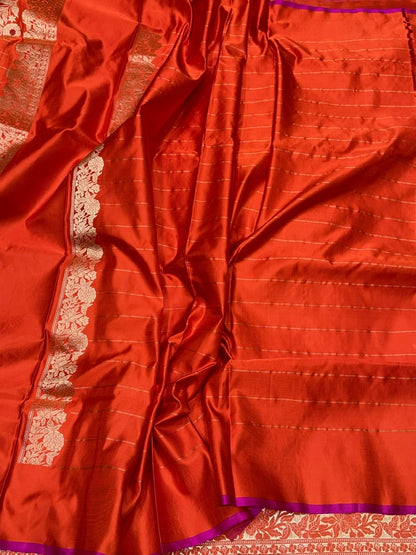 Orange Handwoven Pure Banarasi Mashru Satin Silk Saree