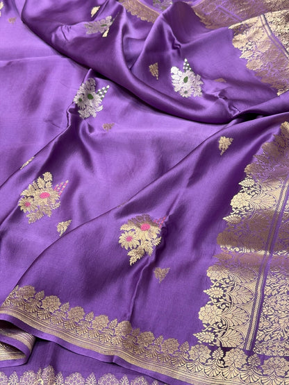 Lavender Handwoven Pure Mashru Banarasi Satin Silk Saree