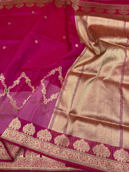Rani Pink Handwoven Pure Organza Silk Saree