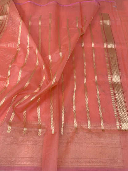 Peach Handwoven Pure Banarasi Organza Silk Saree