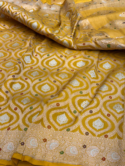Yellow Banarasi Minakari Pure Katan Silk Saree | Pure Silk | Minakari Work | Cutwork Technique | Banarasi Katan Silk Saree