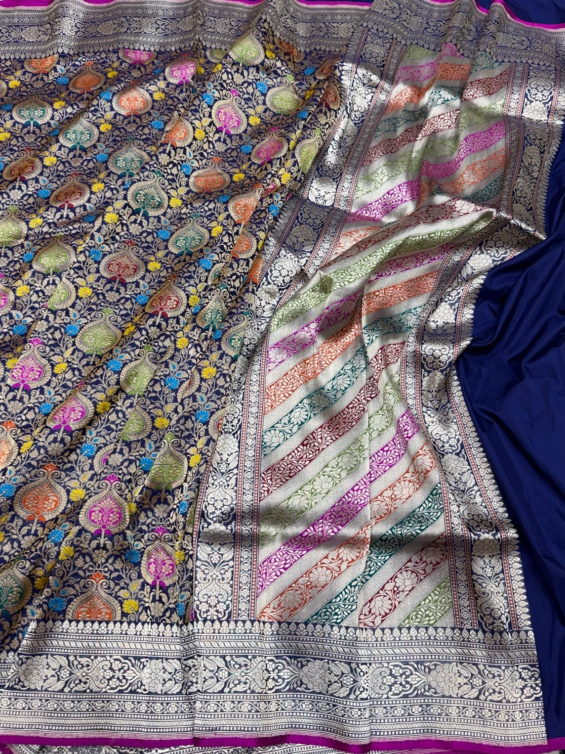 Navy Blue Handwoven Kimkhab Pure Banarasi Silk Brocade Saree – 100% Katan Mulberry Silk