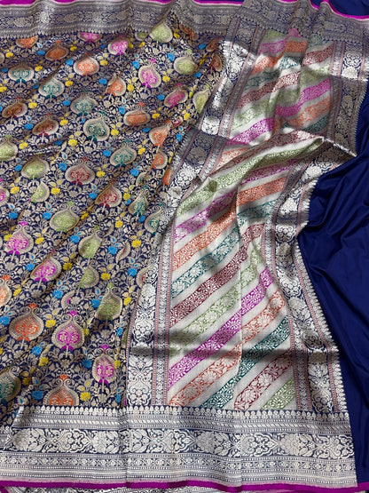 Navy Blue Handwoven Kimkhab Pure Banarasi Silk Brocade Saree – 100% Katan Mulberry Silk