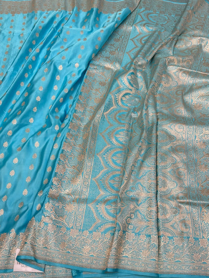 Sky Blue Handwoven Vintage Pure Banarasi Satin Silk Saree