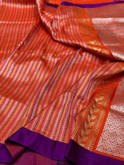 Orange Handwoven Pure Banarasi Ektara Silk Saree with Satin Border – Kadwa Weave | Authentic Banaras Handloom