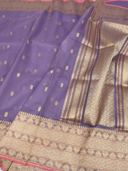 Lavender Handwoven Pure Banarasi Ektara Organza Silk Saree