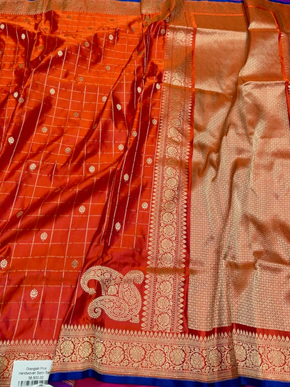 Orange Handwoven Pure Banarasi Satin Silk Saree