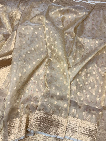 Champagne Gold Pure Banarasi Tissue Silk Saree | Pure Kora Tissue | Cutwork Technique | Lightweight Banarasi Saree
