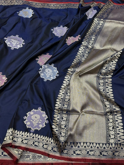 Navy Blue Handwoven Pure Banarasi Ektara Silk Saree – Luxury Kadwa Weave