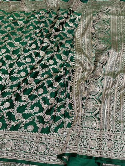 Bottle Green Handwoven Vintage Pure Banarasi Satin Silk Saree